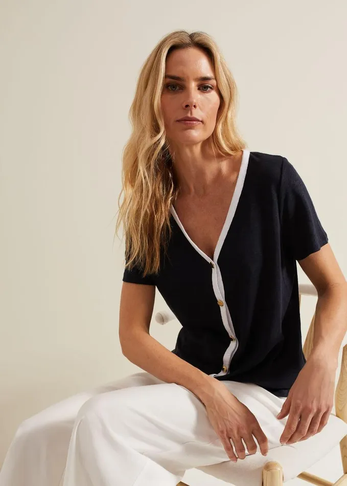 Phase Eight Dorothy Contrast Piping Linen Top Navywhite Women Tops and TShirts