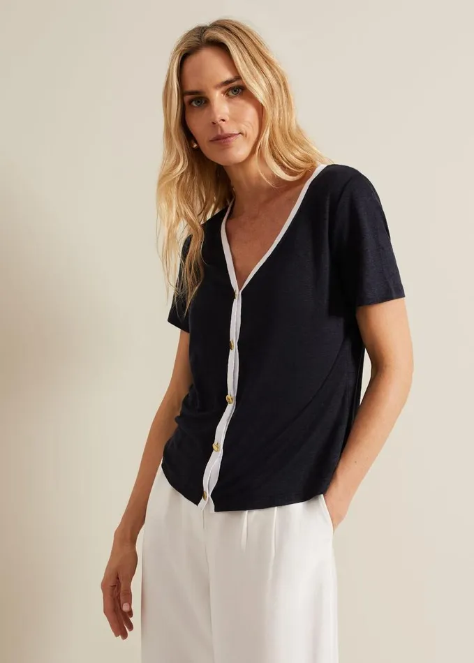 Phase Eight Dorothy Contrast Piping Linen Top Navywhite Women Tops and TShirts