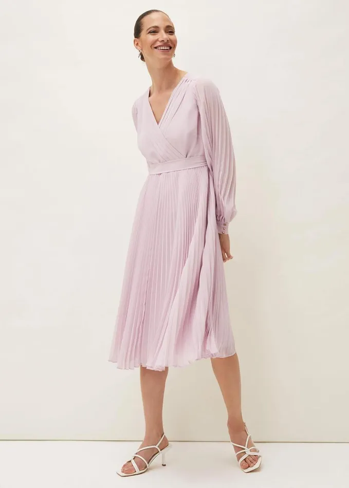 Phase Eight Elsa Pleated Long Sleeved VNeck Midi Dress Frosted Heather Women Dresses