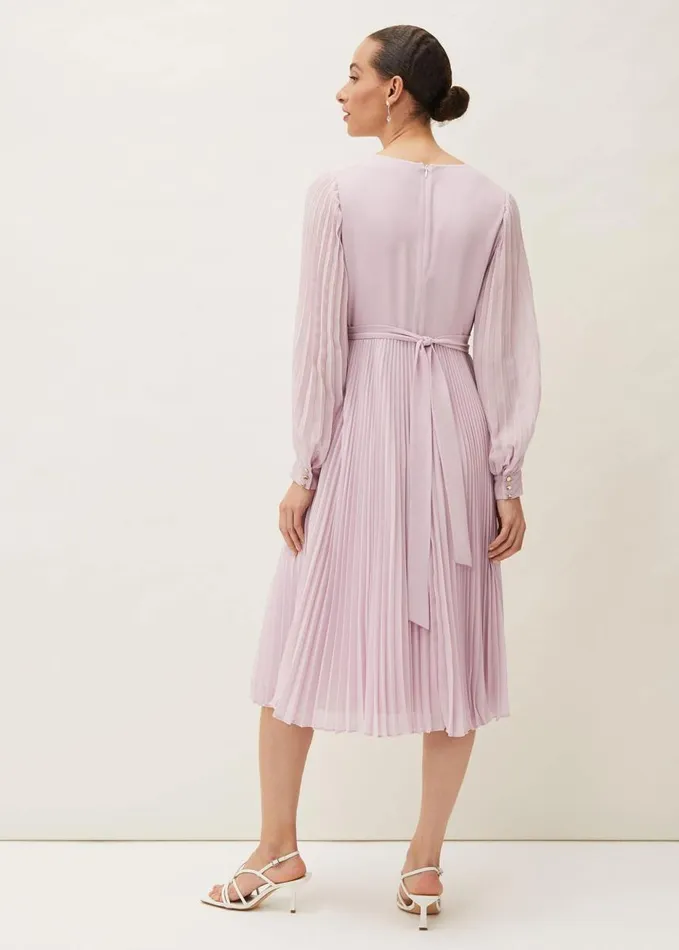 Phase Eight Elsa Pleated Long Sleeved VNeck Midi Dress Frosted Heather Women Dresses