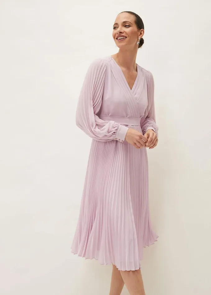 Phase Eight Elsa Pleated Long Sleeved VNeck Midi Dress Frosted Heather Women Dresses