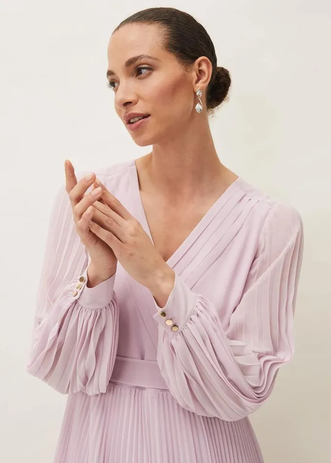 Phase Eight Elsa Pleated Long Sleeved VNeck Midi Dress Frosted Heather Women Dresses