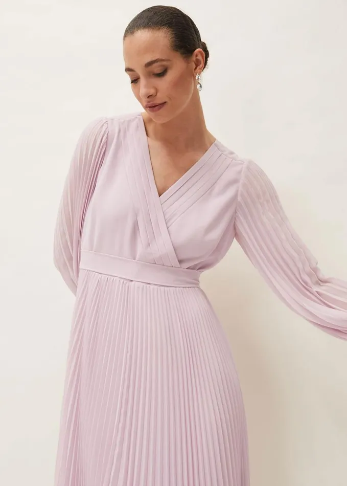 Phase Eight Elsa Pleated Long Sleeved VNeck Midi Dress Frosted Heather Women Dresses
