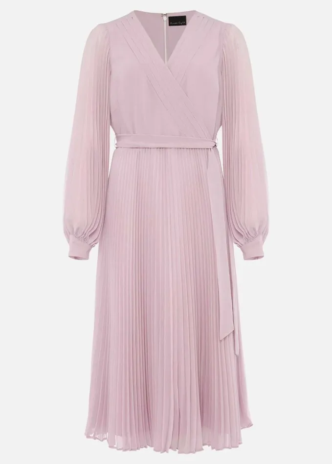 Phase Eight Elsa Pleated Long Sleeved VNeck Midi Dress Frosted Heather Women Dresses