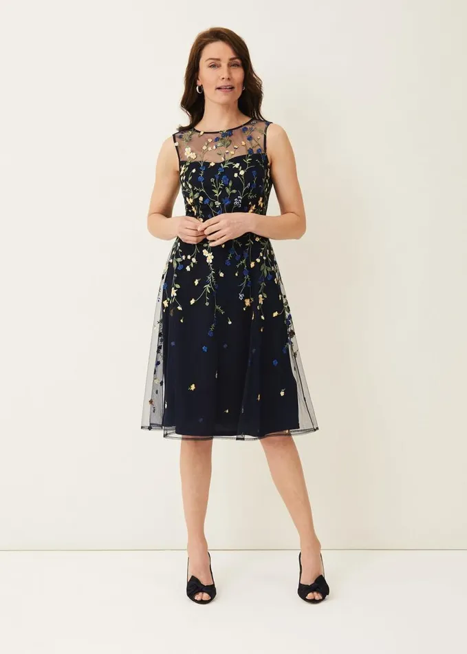 Phase Eight Esmeralda Embroidered Fit and Flare Dress Navymulti Women Dresses