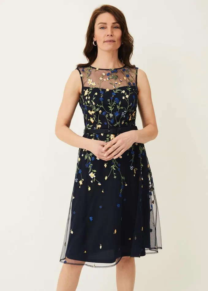 Phase Eight Esmeralda Embroidered Fit and Flare Dress Navymulti Women Dresses