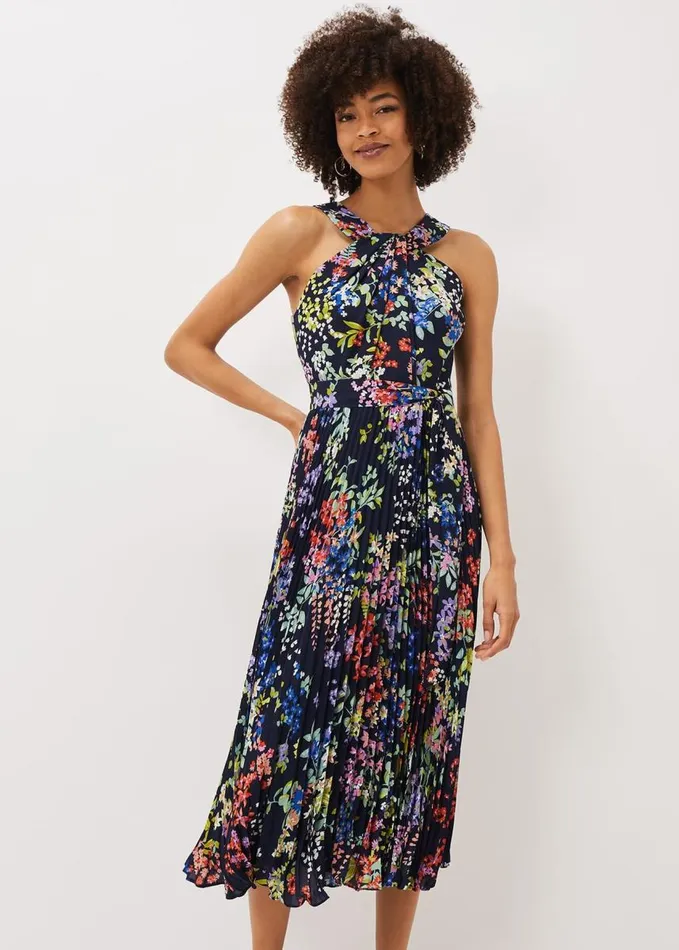 Phase Eight Fenella Pleated Floral Dress French Navy Multi Women Dresses