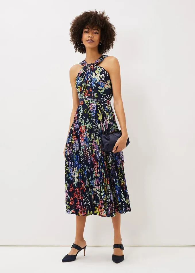 Phase Eight Fenella Pleated Floral Dress French Navy Multi Women Dresses