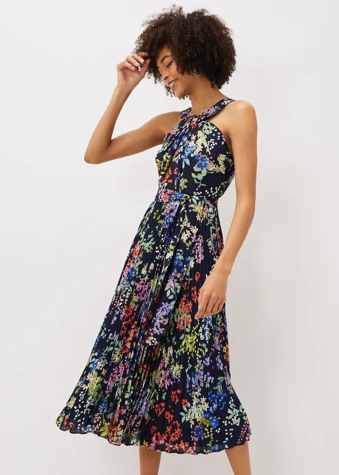 Phase Eight Fenella Pleated Floral Dress French Navy Multi Women Dresses