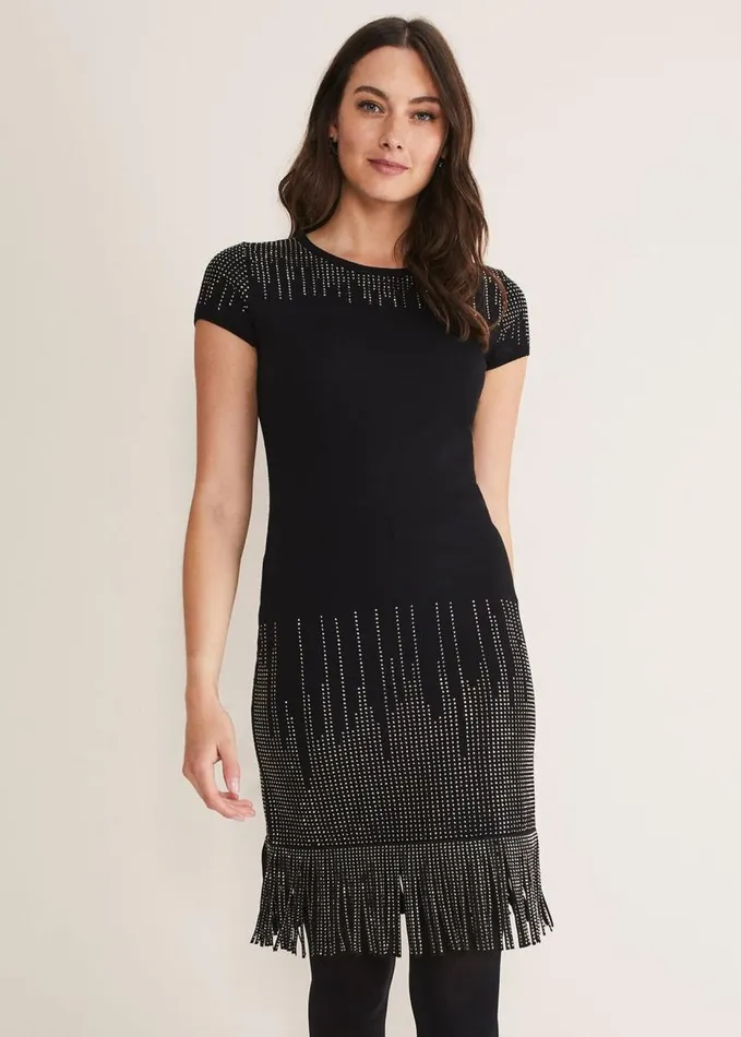 Phase Eight Florie Fringe Knitted Dress Black Women Dresses