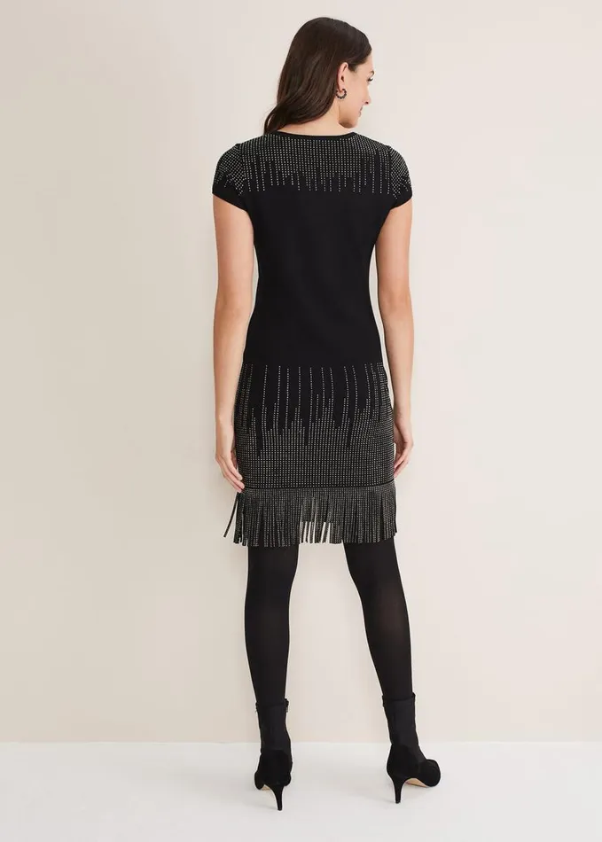 Phase Eight Florie Fringe Knitted Dress Black Women Dresses