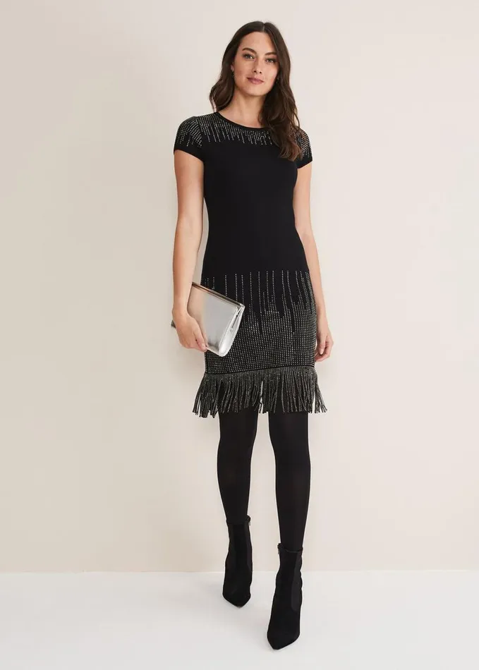 Phase Eight Florie Fringe Knitted Dress Black Women Dresses