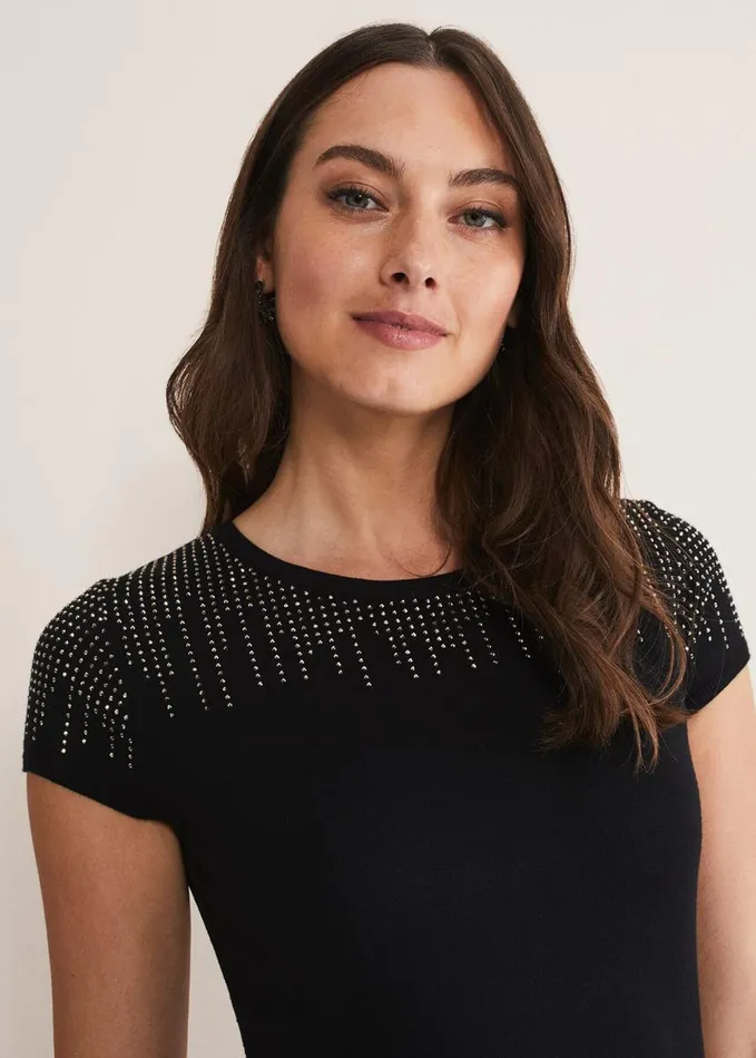 Phase Eight Florie Fringe Knitted Dress Black Women Dresses