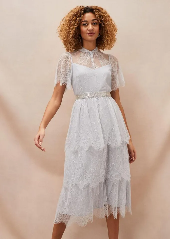 Phase Eight Ginnie Lace Tiered Midi Dress Smokey Blue Women Dresses