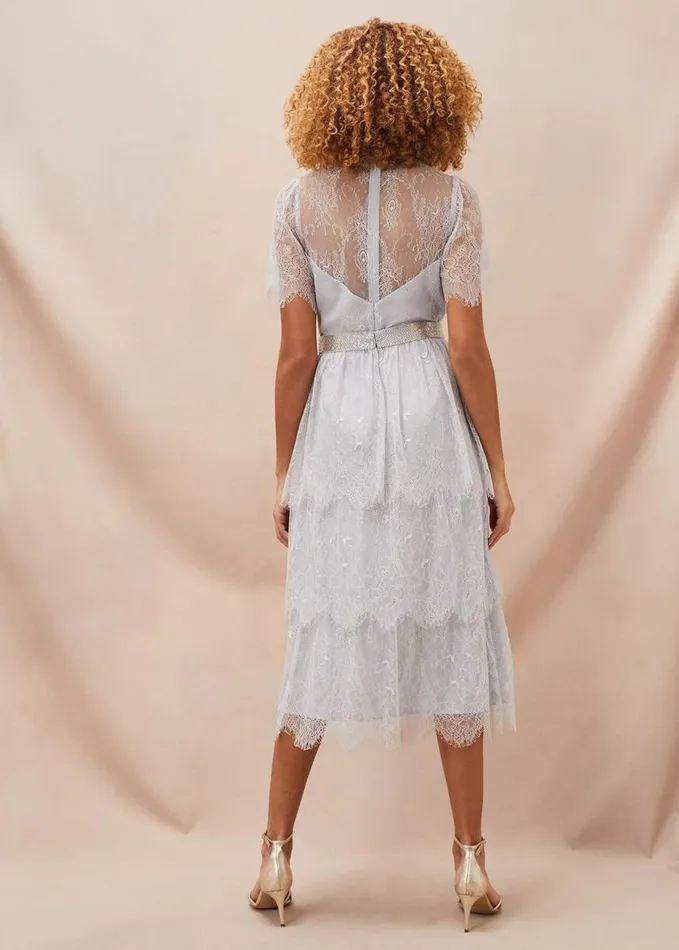 Phase Eight Ginnie Lace Tiered Midi Dress Smokey Blue Women Dresses