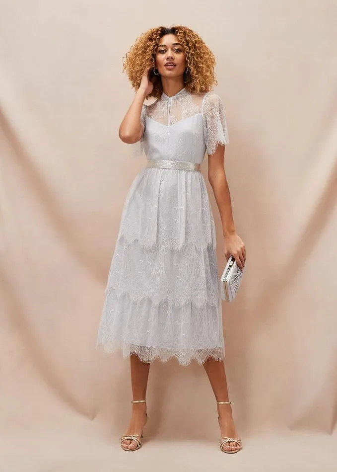 Phase Eight Ginnie Lace Tiered Midi Dress Smokey Blue Women Dresses