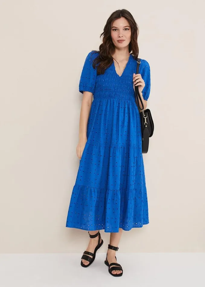 Phase Eight Gretta Broderie Midi Dress Blue Women Dresses