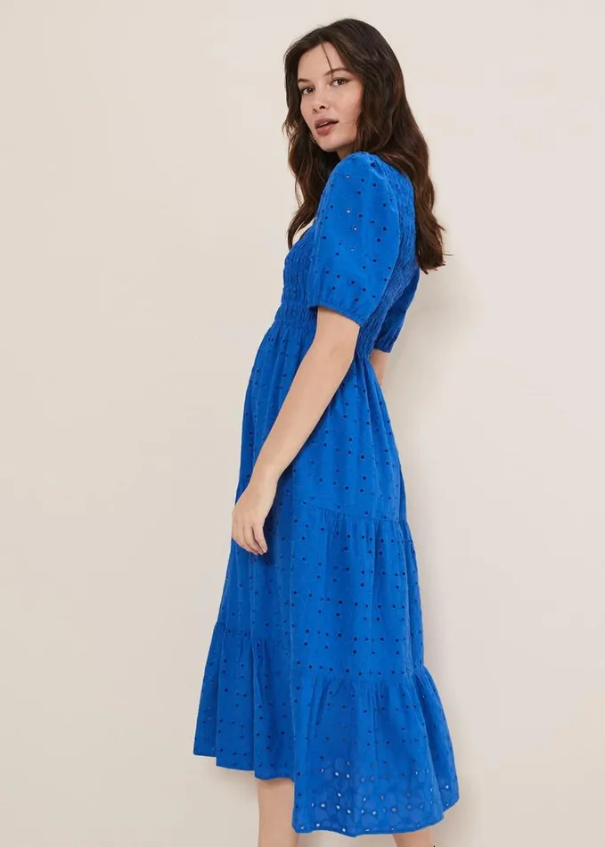 Phase Eight Gretta Broderie Midi Dress Blue Women Dresses