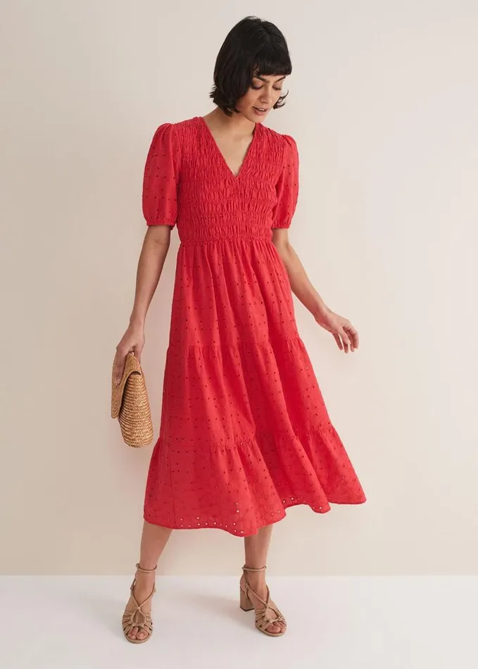 Phase Eight Gretta Broderie Midi Dress Pink Women Dresses