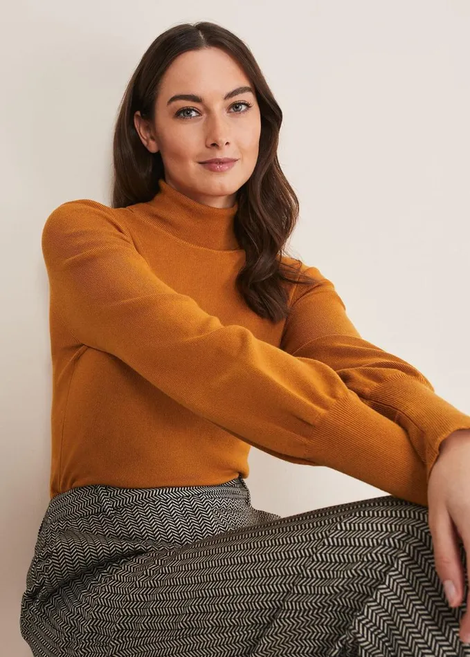 Phase Eight Gwyneth Balloon Sleeve Fine Knit Jumper Amber Women Knitwear