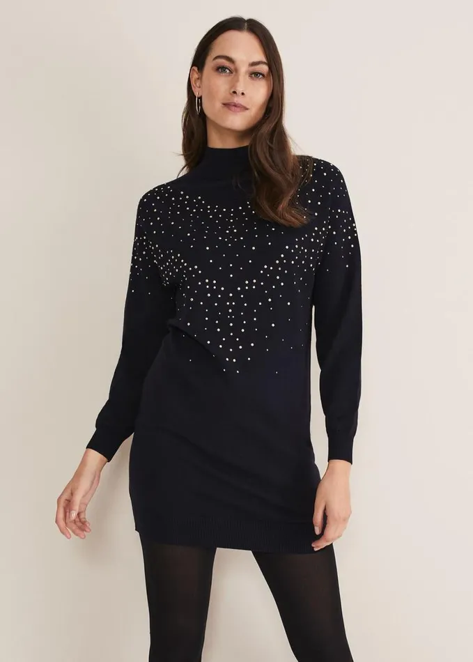 Phase Eight Helena Gold Stud Knit Dress Midnight Women Dresses