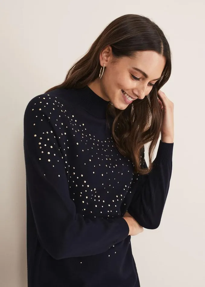 Phase Eight Helena Gold Stud Knit Dress Midnight Women Dresses