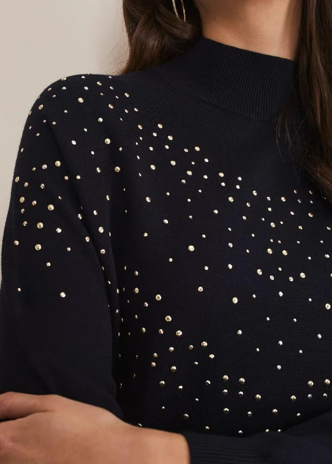 Phase Eight Helena Gold Stud Knit Dress Midnight Women Dresses
