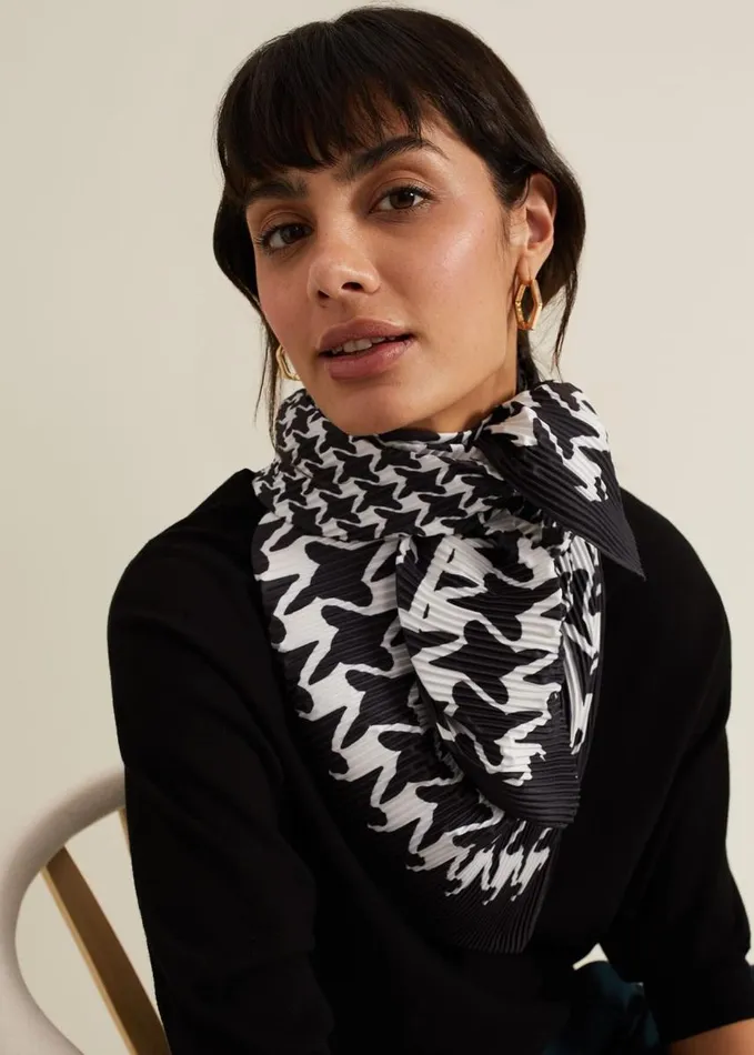 Phase Eight Houndstooth Pleated Scarf Black Women Scarves