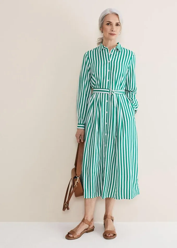 Phase Eight Ida Stripe Shirt Midi Dress Green Women Dresses