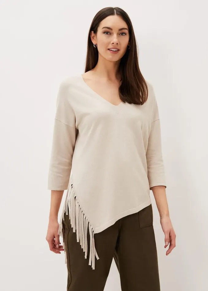 Phase Eight Inga Tassle Asymmetric Knit Jumper Stone Women Knitwear