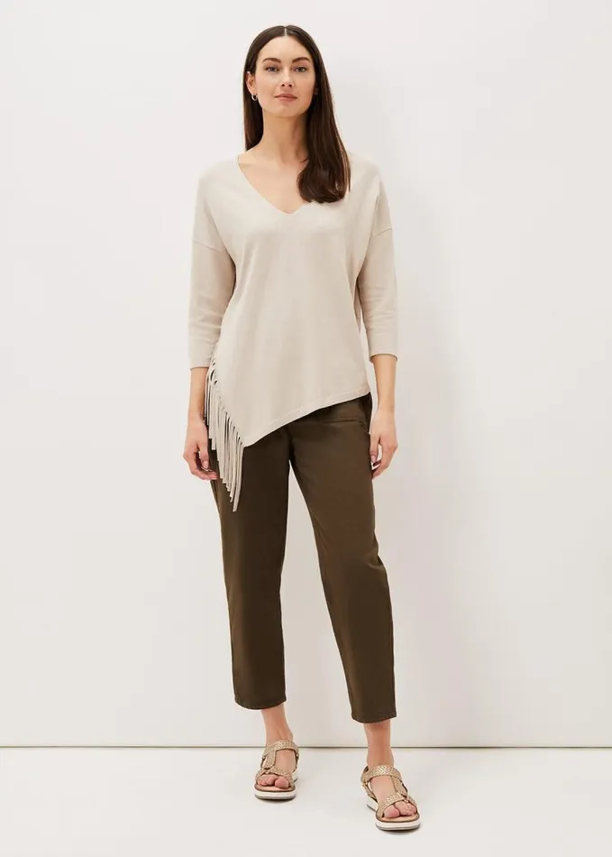 Phase Eight Inga Tassle Asymmetric Knit Jumper Stone Women Knitwear
