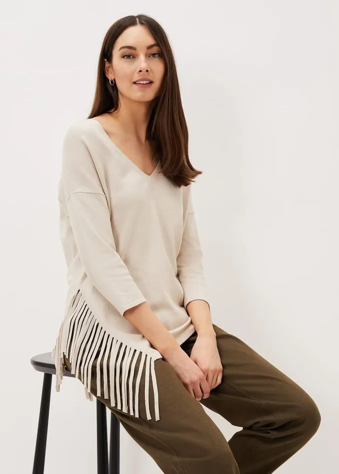 Phase Eight Inga Tassle Asymmetric Knit Jumper Stone Women Knitwear