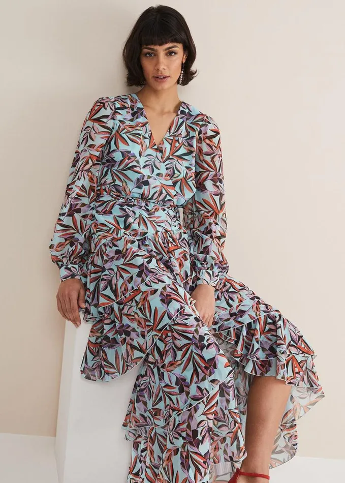 Phase Eight Jada Leaf Print Tiered Maxi Dress Aquamulti Women Dresses