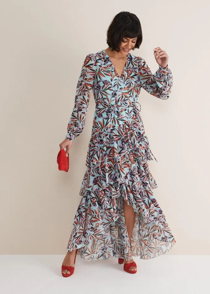 Phase Eight Jada Leaf Print Tiered Maxi Dress Aquamulti Women Dresses