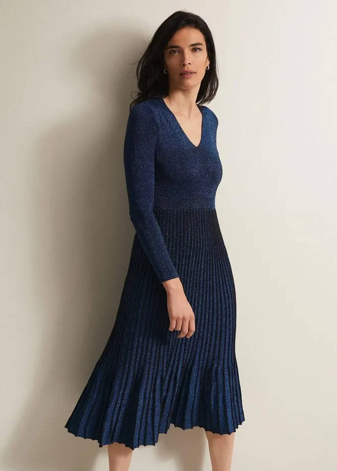Phase Eight Jessamin Shimmer Knitted Midi Dress Blue Women Dresses