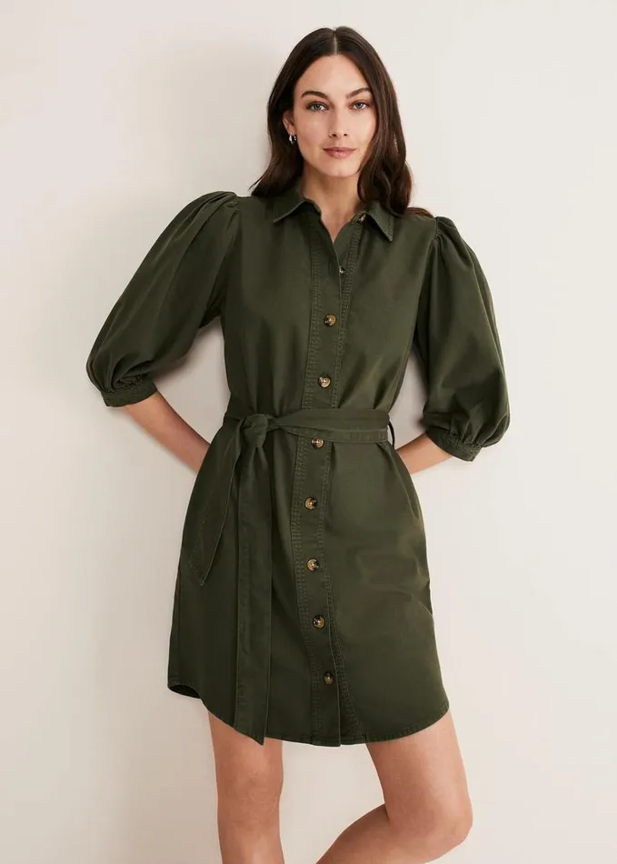 Phase Eight Josephine Denim Puff Sleeve Dress Khaki Women Dresses
