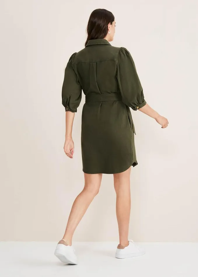 Phase Eight Josephine Denim Puff Sleeve Dress Khaki Women Dresses