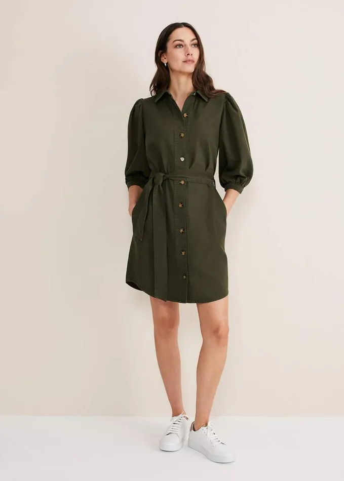 Phase Eight Josephine Denim Puff Sleeve Dress Khaki Women Dresses