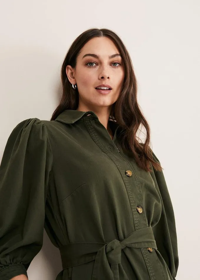 Phase Eight Josephine Denim Puff Sleeve Dress Khaki Women Dresses