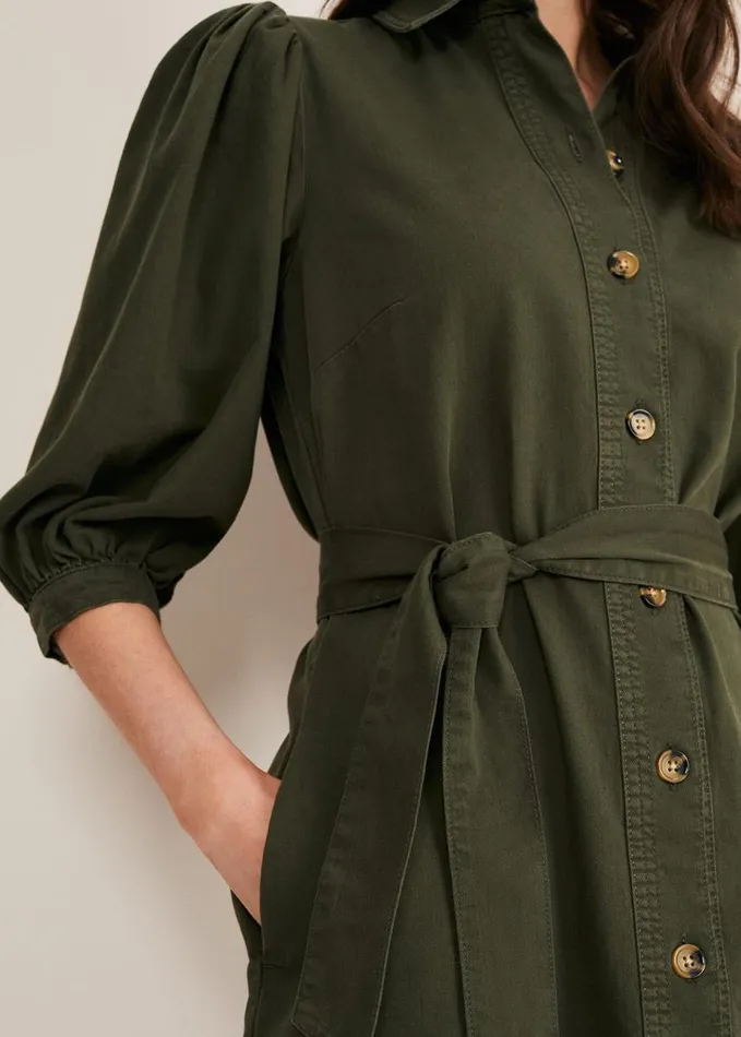 Phase Eight Josephine Denim Puff Sleeve Dress Khaki Women Dresses