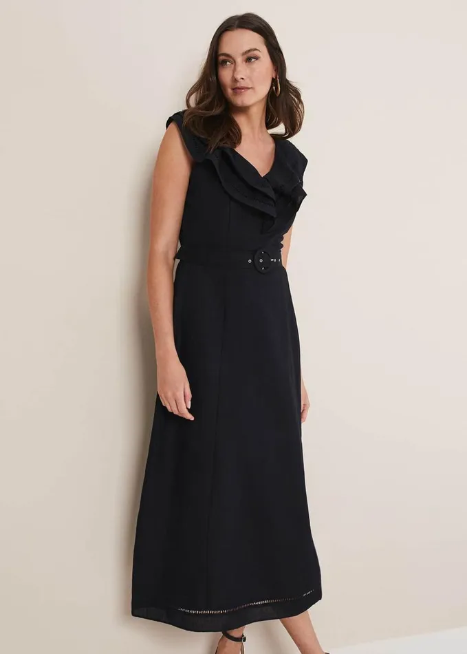 Phase Eight Julieta Black Linen Ruffle Broderie Midi Dress Black Women Dresses