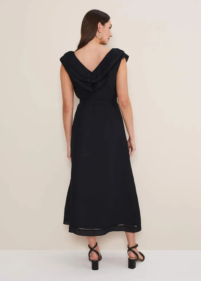Phase Eight Julieta Black Linen Ruffle Broderie Midi Dress Black Women Dresses