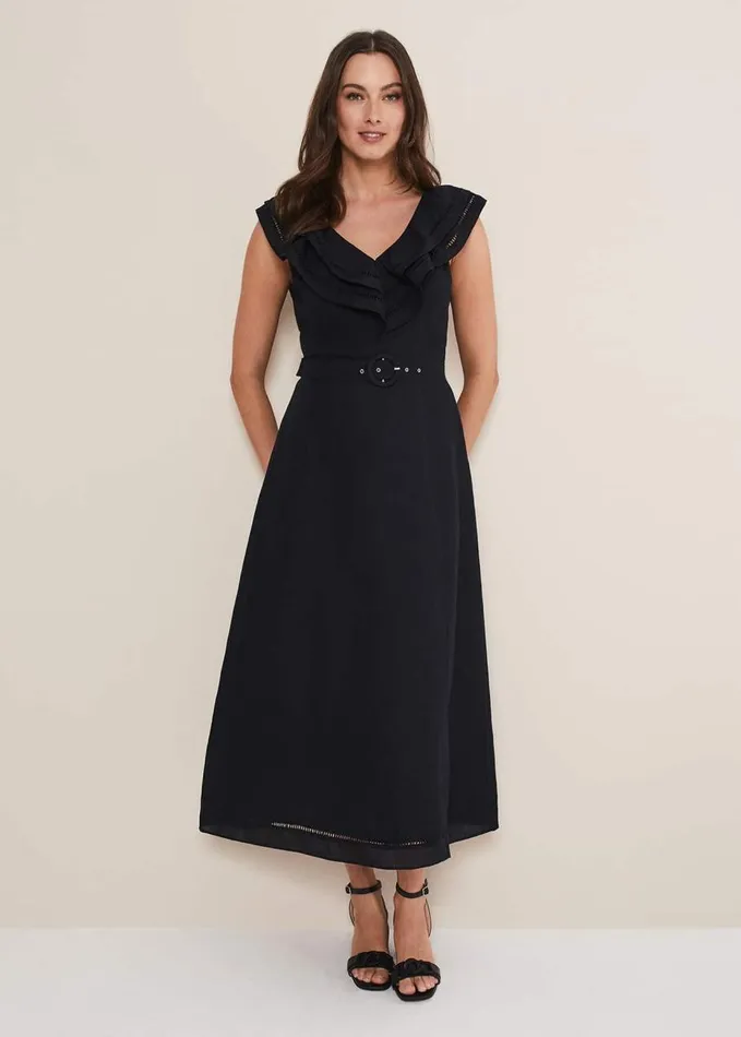 Phase Eight Julieta Black Linen Ruffle Broderie Midi Dress Black Women Dresses