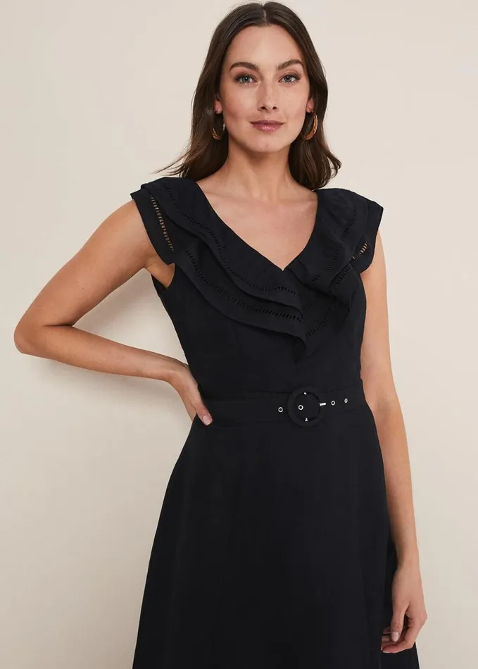 Phase Eight Julieta Black Linen Ruffle Broderie Midi Dress Black Women Dresses