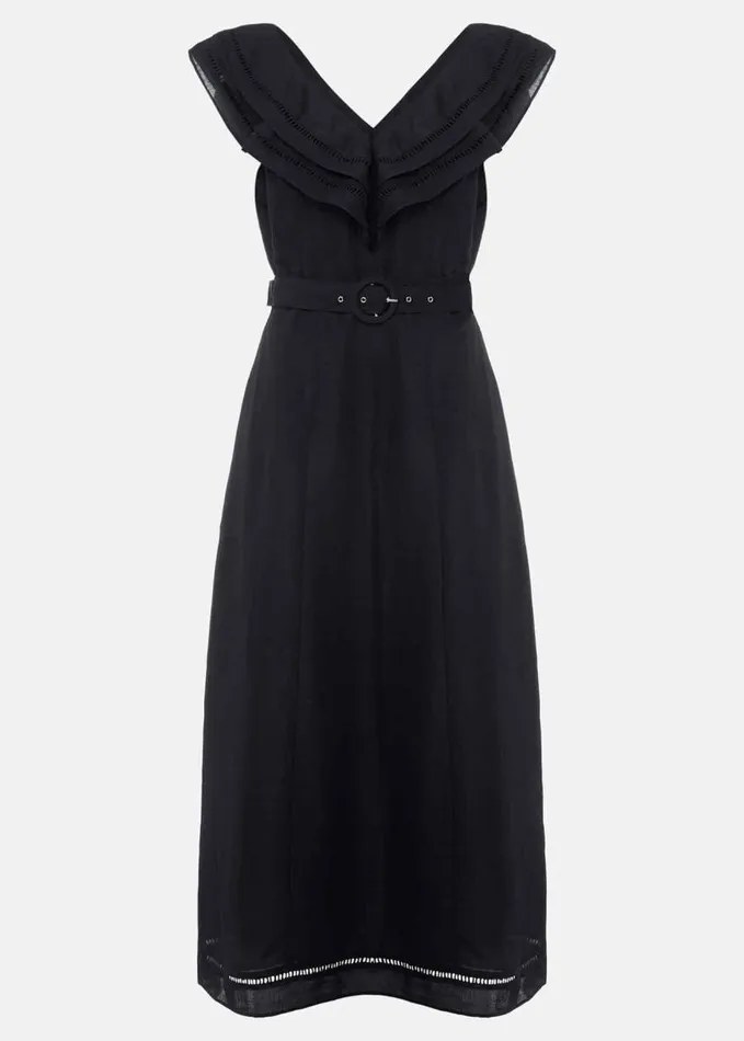 Phase Eight Julieta Black Linen Ruffle Broderie Midi Dress Black Women Dresses