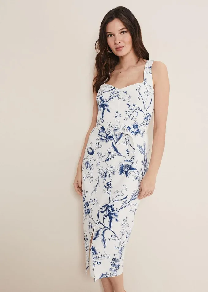 Phase Eight Kaya Linen Floral Bodycon Midi Dress Whiteblue Women Dresses