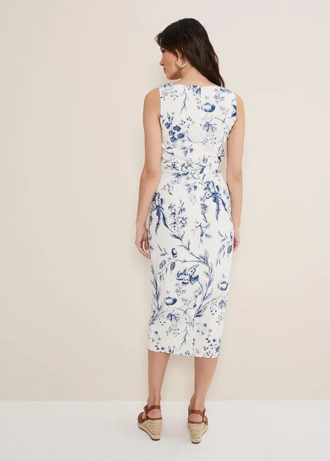Phase Eight Kaya Linen Floral Bodycon Midi Dress Whiteblue Women Dresses