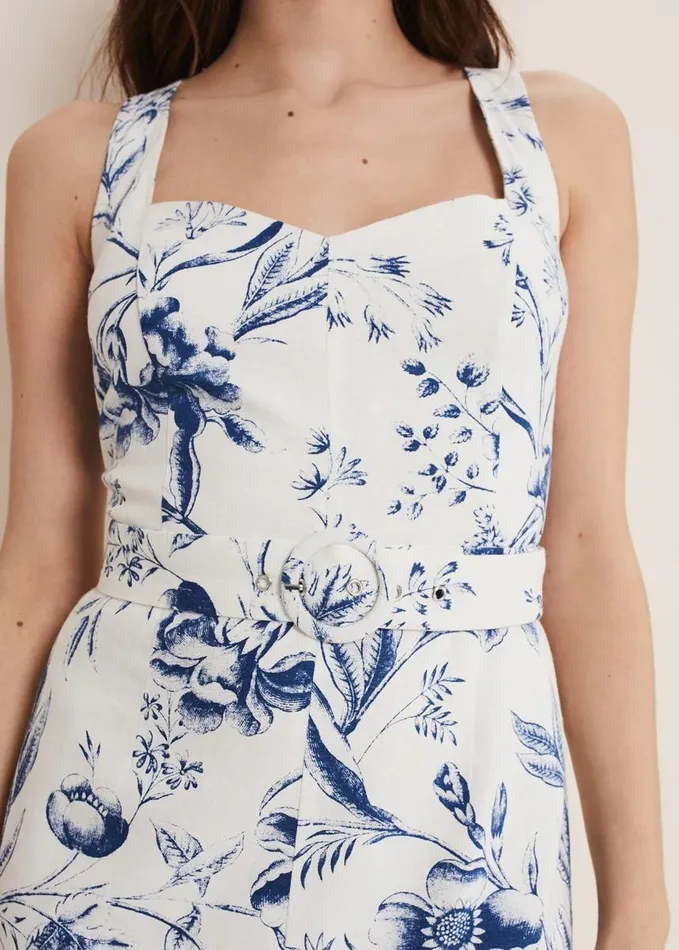 Phase Eight Kaya Linen Floral Bodycon Midi Dress Whiteblue Women Dresses