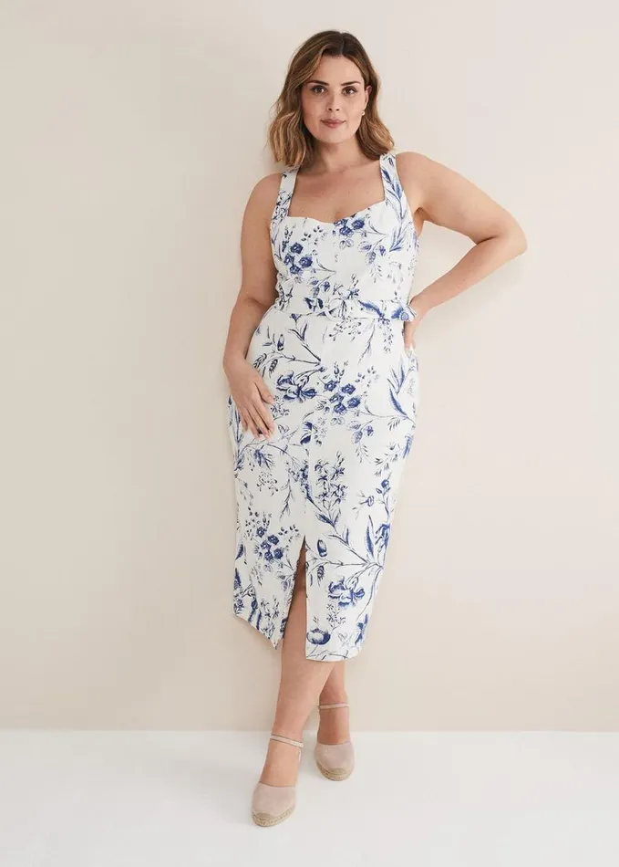 Phase Eight Kaya Linen Floral Bodycon Midi Dress Whiteblue Women Dresses