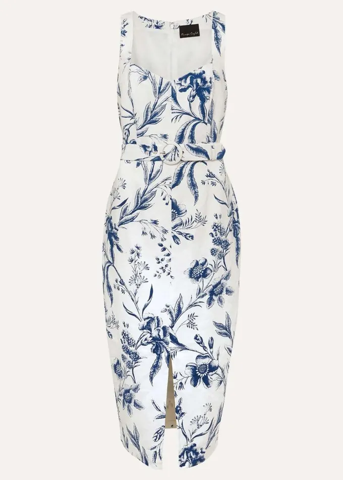 Phase Eight Kaya Linen Floral Bodycon Midi Dress Whiteblue Women Dresses